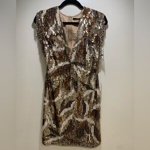 NEW Jay Godfrey Gold Sequin Deep V Fringe Shoulder Dress